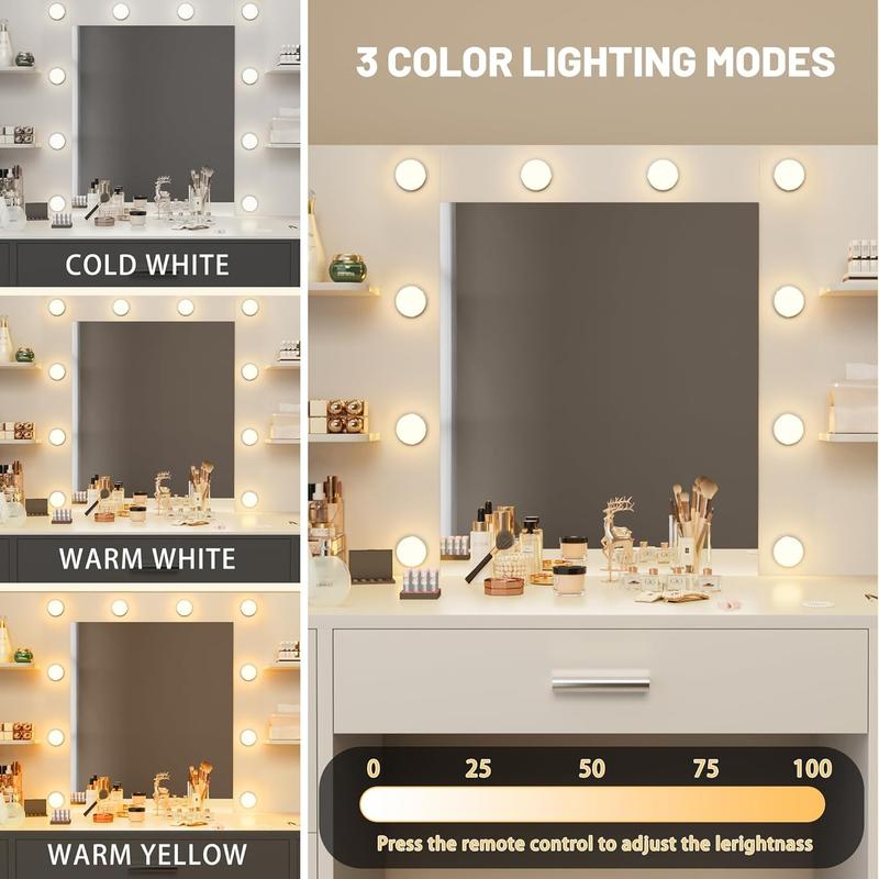 FURMAX Makeup Vanity with Mirror and Drawers Vanity Desk Set with 3 Modes Adjustable Brightness Lights and USB Power Outlet