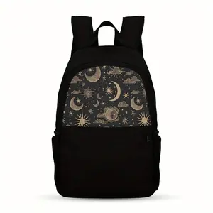 1pc, Casual Backpack Sun and Moon Totems printing for Teens - Lightweight, Large Capacity, Adjustable Straps, Black nylon Fabric, Simple Cartoon Design, Upper Part Printing Perfect for School, Commute & Casual Use, Secure Zipper Closure