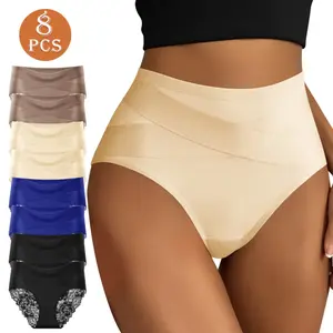 QUASTI 8/10 PCS Elegant Lace High-Waisted Women's Panties, Crisscross design, Elegance Lace-Trimmed Back, Soft and Breathable Fabric, Highly Elastic and Skin-Friendly, Full Hip Coverage Brief, Comfortable Everyday Womenswear Seamless Underwear Sizes S-XXL