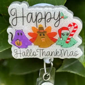 Happy Halloween Thanksgiving Christmas Badge Reel, Retractable Swivel Alligator Clip, 2”, Nurse, Healthcare, Pharmacy, Teacher