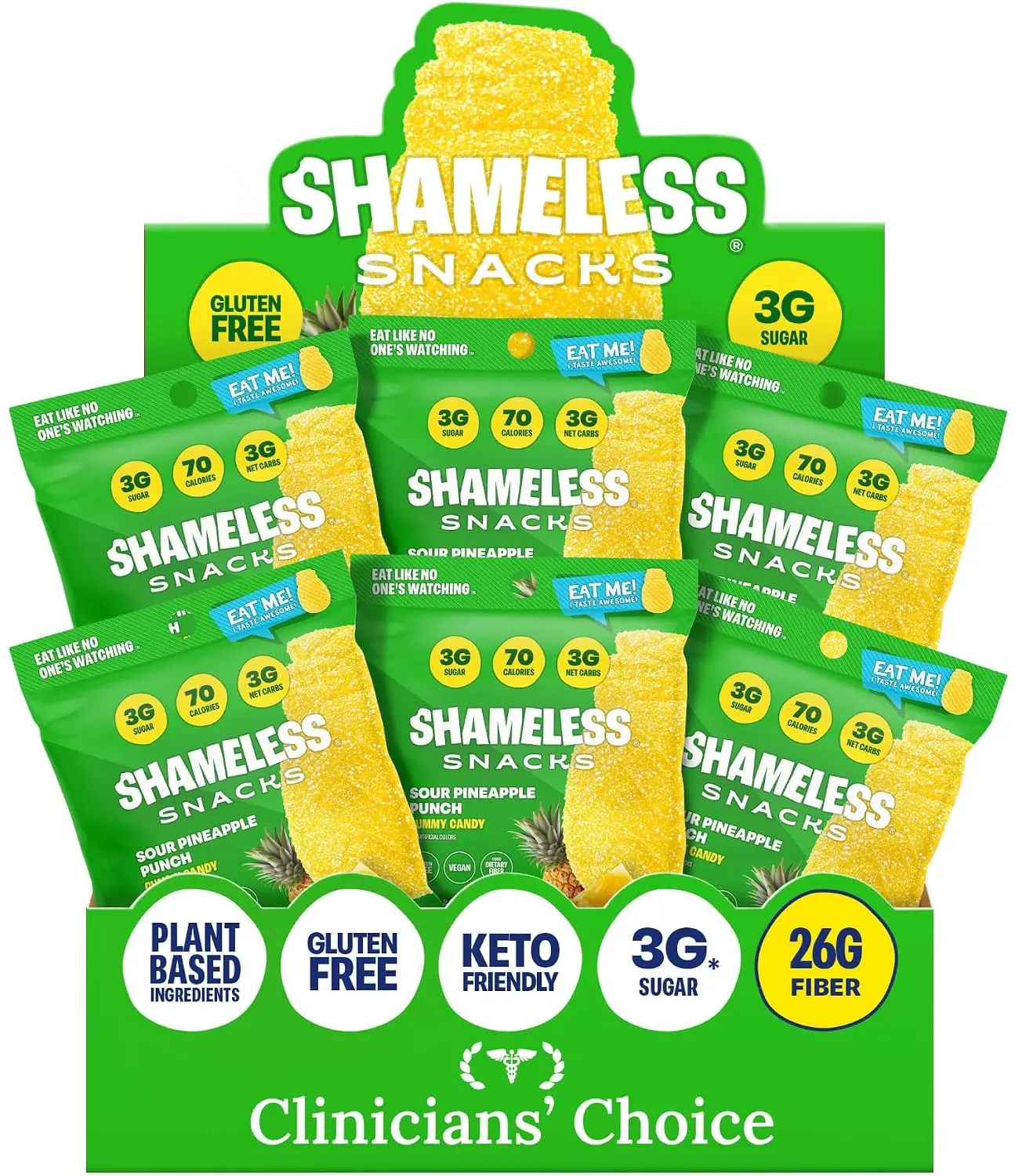 Shameless Snacks Sour Pineapple Punch Gummies, Tropical Fruit Snack, Low Sugar 3g, Gluten Free, Vegan, Chewy Candy for Adults, Bulk Pack