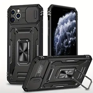 Phone Case - Durable Phone Case for iPhone 11 to 15 Pro Max and Plus, with Protective Ring for Camera Protection, Stand, and Strong Metal Plate for Car Mount