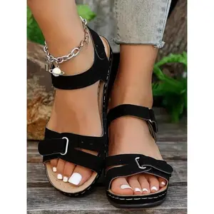 Women's Fashionable Plain Color Cross Strap Velcro Design Wedge Sandals, Casual Open Toe Sandals for Daily Wear, Retro Fashionable Shoes for Women