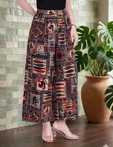 Women's Boho Print Wide Leg Pants High Waisted Palazzo Trousers with Pockets, Flowy Casual Lounge Pants, Vacation Resort Wear, Summer Beach Outfit