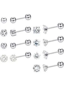 8Pairs Screw Back Stud Earrings for Women Men Stainless Steel Ball Stud Earrings CZ Star Barbell Screw Back Cartilage Earring Piercings Stud Earring Jewelry