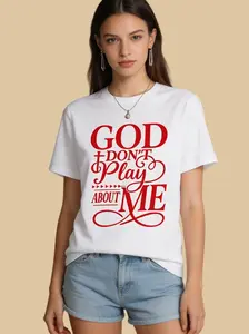 Women's Plus Size Faith Graphic Tshirt, Casual "God Don't Play About Me" Fitted Short Sleeve Cropped Top in Soft Cotton