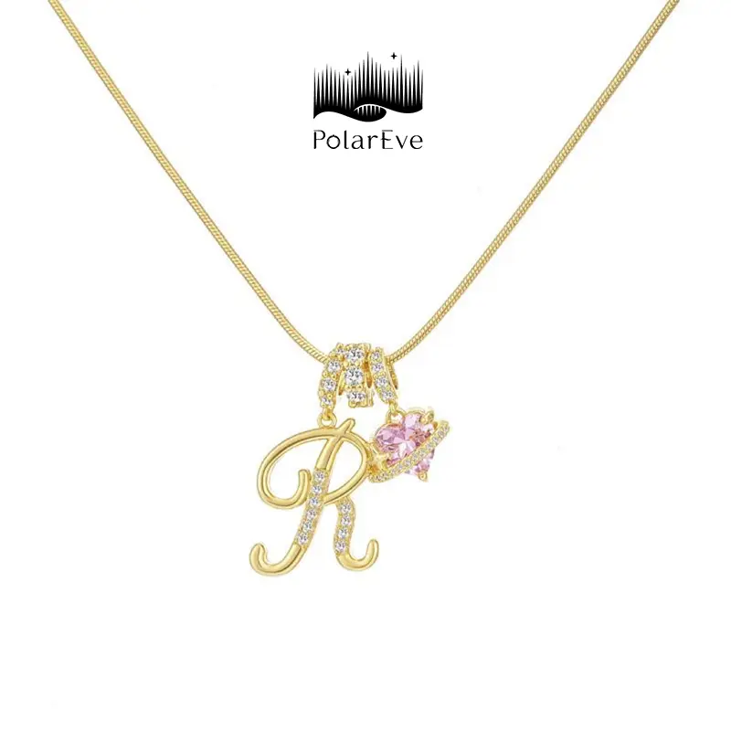 PolarEve 14K Gold Plated 3-Layering Initial A-Z Letter Pendant Necklaces for Women Snake Chain Choker Pink Heart Zircon Adjustable Length Necklace Jewelry