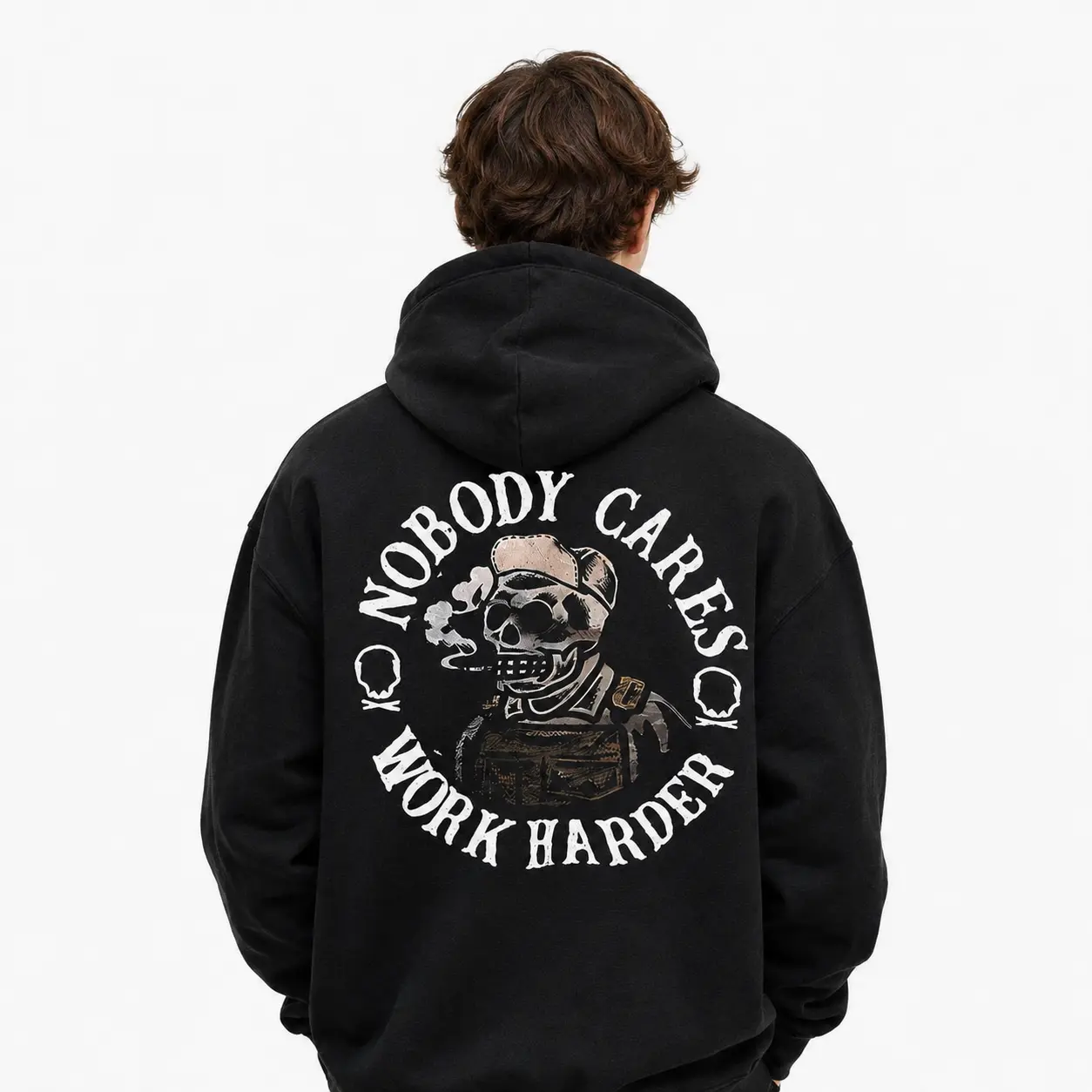 Men's Classic Loose Motivational Hoodie - Customized "NOBODY CARES WORK HARDER" Work Ethic Print Garment, Heavy-Duty Oversized Top, Kangaroo Pocket, Machine Washable (No Dryer), for Workouts & Casual Winter Wear, Soft Fabric, Mens Gift