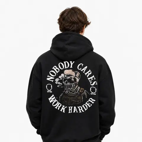 Men's Classic Loose Motivational Hoodie - Customized "NOBODY CARES WORK HARDER" Work Ethic Print Garment, Heavy-Duty Oversized Top, Kangaroo Pocket, Machine Washable (No Dryer), for Workouts & Casual Winter Wear, Soft Fabric, Mens Gift, Crew Neck, Graphic
