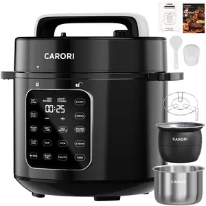 CARORI 6Qt 9-in-1 Electric Pressure Cooker - Dual Stainless/Non-Stick Pots, 12 Programs, Touchscreen, Safe Vent, Electric Canner, Quick Meal Maker, Time-Saving Black Kitchen Essential Gift