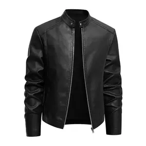 Men’s stand collar PU leather jacket with deconstructed design, Korean slim motorcycle leather outerwear for young men—casual, versatile, windproof, waterproof., Long Sleeve, Fabric, Tops, Menswear