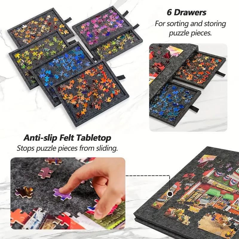 Puzzle board with drawers suitable for 1000-piece puzzles, featuring six drawers and a slanted design. It includes a 2-in-1 stand and cover, made of lightweight felt, suitable for adults and convenient for puzzle enthusiasts to carry