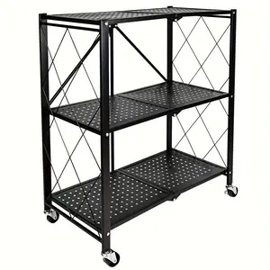750 lbs Capacity 3-Tier Heavy Duty Metal Foldable Rack Storage Shelving Unit with Wheels Moving Easily Organizer Shelves for Garage Kitchen, Black Garage Storage