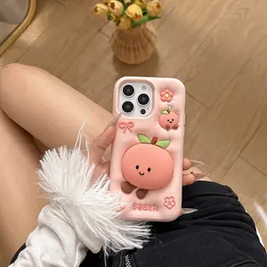 Cartoon Peach Stand Soft Silicone Protective Case for iPhone 17 16 15 14 13 Pro Max Shockproof Protective Cover Accessories