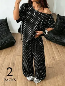 2 Pack Women's Polka Dot Loungewear Set, Off The Shoulder T-Shirt & Wide Leg Pants, Casual Streetwear Outfit with Outfit Ideas, Perfect for Coachella Outfits & Daily Wear