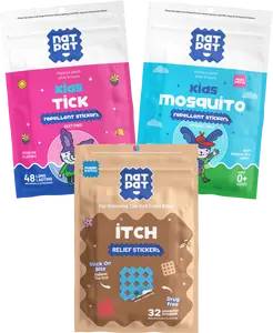 NATPAT Outdoor Summer Bundle for Kids (3-Pack) | BuzzPatch Mosquito Repellent, Tick Repellent and MagicPatch Itch Relief (140 Patches) | 100% Natural Peel-and-Stick Stickers