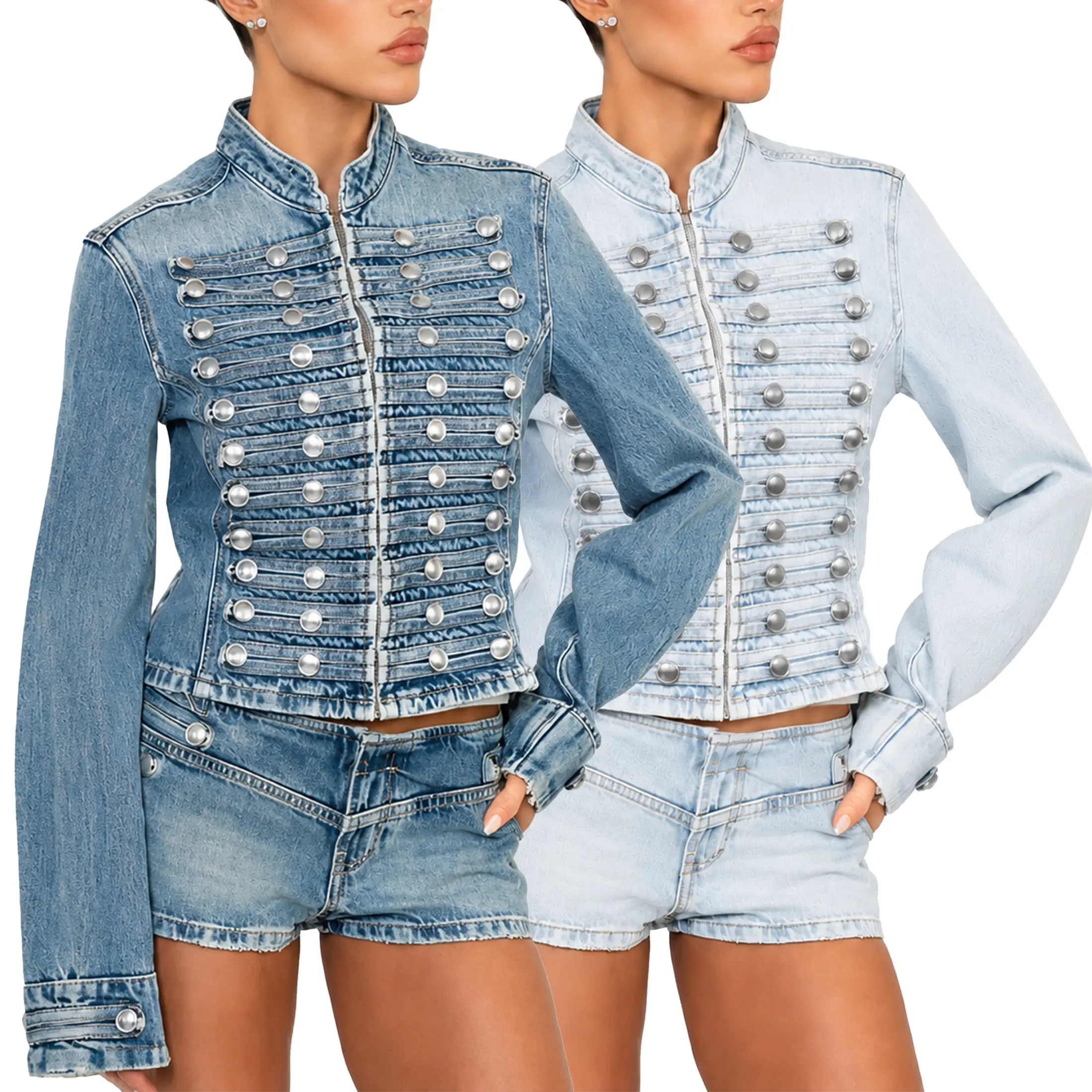 Wandal Women's Cropped Military Denim Jacket, Stand Collar Steampunk Jean Coat, Vintage Gothic Double Breasted Metal Button Washed Short Denim Jacket