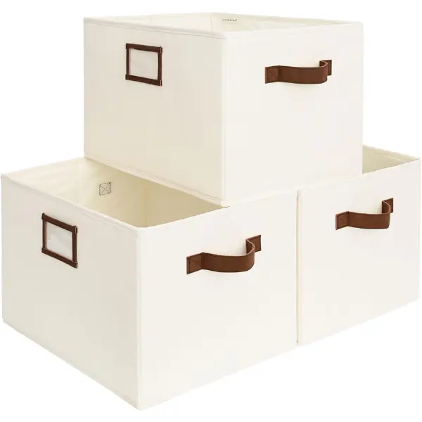32L Decorative Storage Bins for Shelves, Closet Storage Baskets with PU Handles, Hand Wash, Canvas, Ivory White, 3-Pack