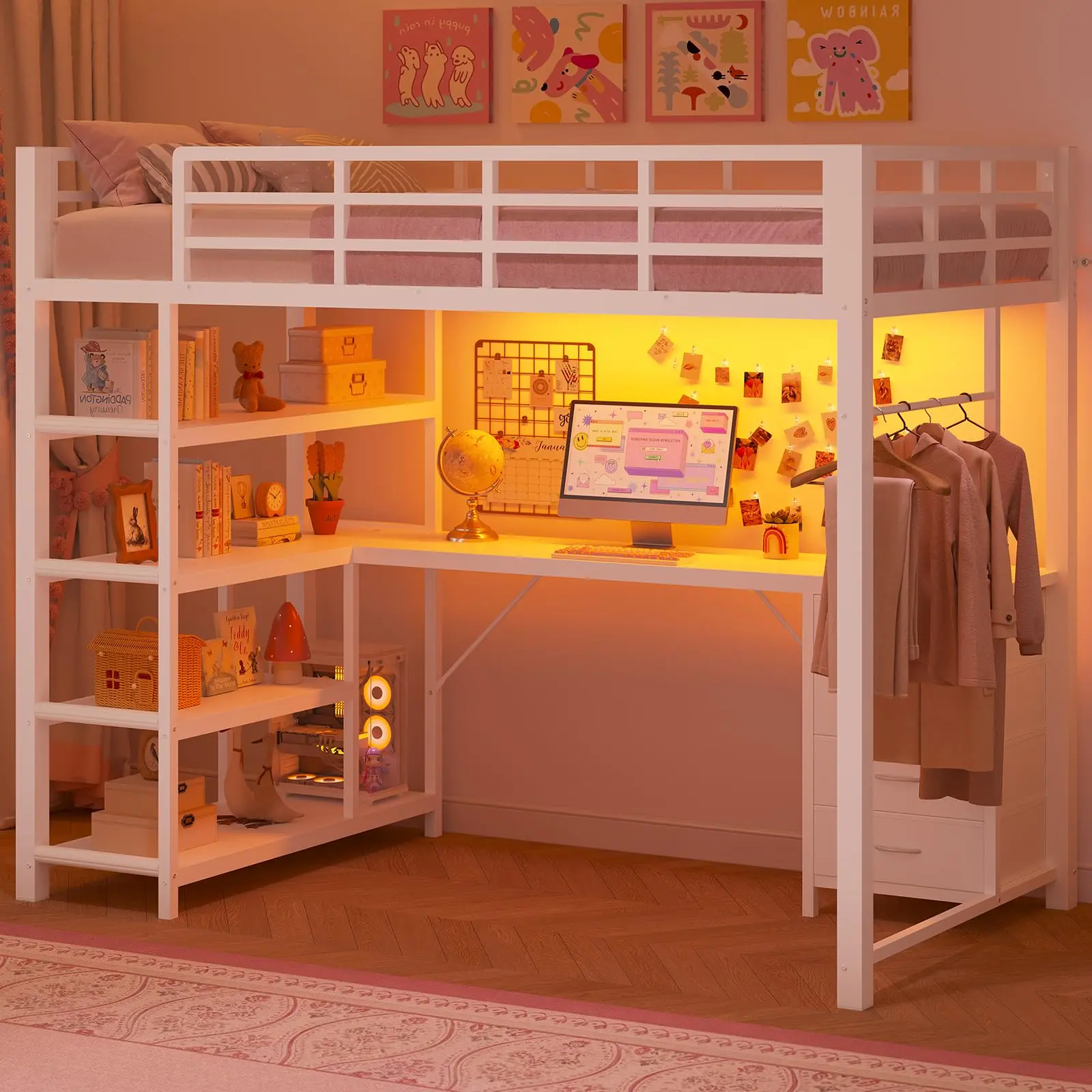 Twin Size Silent Metal Loft Bed with L-Shape Desk, 4 Drawers, 3-Tier Storage Bookshelf, Power Outlet, LED Light, No Box Spring Needed, Space-Saving, White - Modern Multi-Compartment Bed Frame with Storage Solutions