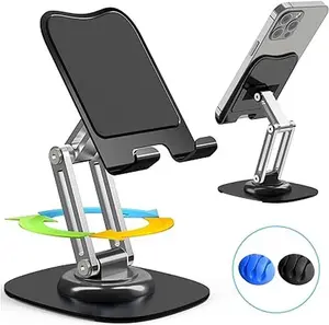Phone Stand, Fully Adjustable Foldable Desktop Cell Phone Holder Stand, 360 Degree Rotating Phone Stand for Recording Compatible with iPhone 15 14 13 12 Pro Xs Max Xr, Black