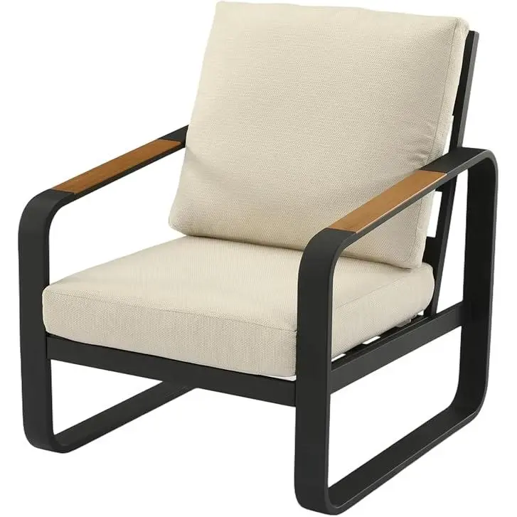 LITTLE TREE Outdoor Patio Lounge Chair with Beige Cushions, Black Aluminum Frame, Wood Armrests, Modern Style