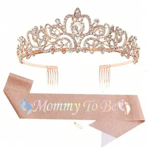 Mommy To Be Sash & Tiara Crown Set, Rose Gold Glitter Baby Shower Sash, Rhinestone Crown for Pregnant Mom, Ideal for Gender Reveal, Baby Sprinkle & Pregnancy Celebration Party Decor