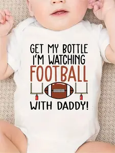 SHOWTLY Baby Jumpsuit "Get My Bottle I'm Watching Football with Daddy" Letter Print & Football Graphic - Soft Round Neck Short Sleeve Romper, Machine Washable Spring/Summer Casual Outfit for Infants, Baby Romper, Sports Themed Clothing