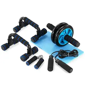 5-in-1 Home Workout Equipment Kit with Anti-Slip EVA Foam Handles, Double-Wheeled Ab Roller, Push-Up Bars, and Jump Rope for Core Strength Training, Core Workouts