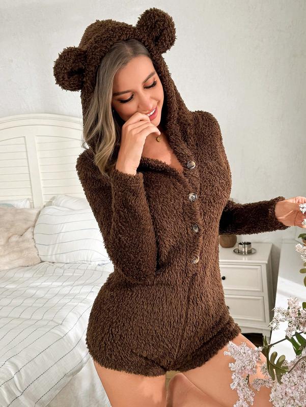1pc Women's Thermal-Lined Jumpsuit Pajamas, Brown Teddy Bear Flannel Fuzzy With Half-Open Front, Long Sleeve Hooded Jumpsuit With 3D Ear Design, Comfortable Sexy Elegant Casual Loungewear