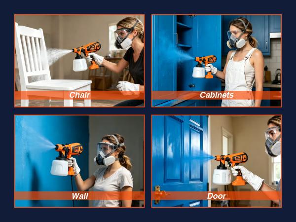 FURRELOR HVLP Sprayer Set - 850W Handheld Electric Paint Sprayer, 1400ml/47oz, 4 Nozzles, 3 Patterns, Adjustable Flow Knob, Viscosity Check Cup, Gloves & Goggles, Beginner-Friendly for DIY Home Painting (Doors, Orange), Adjustable Paint Sprayer, Handheld