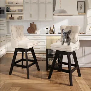 Bar Chairs Swivel Velvet Leisure Style With Button Tufted Decoration And Wooden Legs