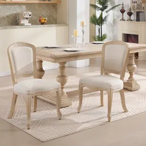 Dining Chair Set of 2, French Country Upholstered  Chairs with  Fan-shaped Back, Wire Drawing and Carving Techniques , Disassemblable, for Living Room, Kitchen , Restaurant Use, Beige