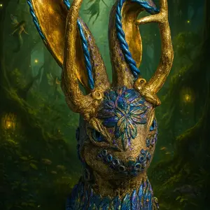 Guardian of the Grove Mystical Jackal Totem Hand-Sculpted OOAK Ritual Statue 11" Tall with Intricate Floral Sigil & Coiled Horns Forest Guardian Series