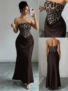 Women's Leopard Print Patchwork Maxi Dress, Strapless Satin Mermaid Gown with Draped Waist, Elegant Party Evening Dress
