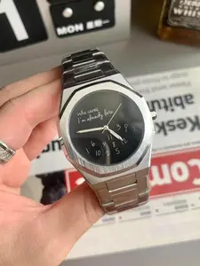 Cold Style Funny Watch, Brushed Silver Steel Octagonal Case, Offset Numbers Dial, English Slogan Design, Silver Color Strap Trendy Watch, Modern Wristwatch