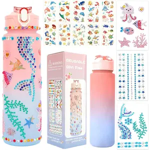 Gifts for Girls 4-12, Decorate Your Own Water Bottle Kits for Kids Age 4-6-8-10, Pink Easter Birthday Gifts for 5 6 7 8 9 10 Year Old Kid, Mermaid Water Bottle Fun DIY Art and Craft Gift Toys for Girl