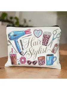 [Fun Hairstylist Bag] Durable Polyester Hairstylist Makeup Bag, Makeup Storage Bag, "I'm The Best Hairstylist" Design with Styling Tools Illustration, Fun Gift for Hairdressers, Ivory, Perfect for Organizing Scissors, Combs & More, Tool Organization
