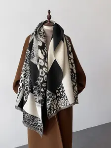 Women's Elegant Leopard Print Fringe Trim Shawl, Colorblock Warm Soft Scarf for Women & Girls, Fashion All-match Accessories for Daily Wear