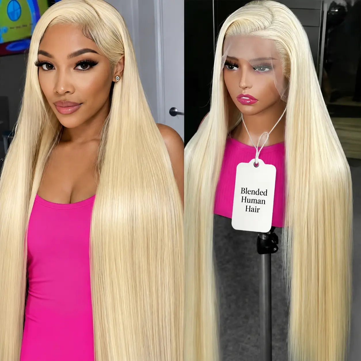 34 Inch 613 Lace Front Wig Blended Human Hair Blonde Wig Synthetic Blended Human Hair Straight 13x4 180% Density Glueless HD Lace Frontal Wig for Black Women Pre Plucked Hairline
