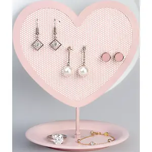 Heart-Shaped Pink Metal Jewelry Organizer for Girls - Earring Holder with Display Tray for Rings & Bracelets. Cute Vanity or Dresser Top Decor for Teens