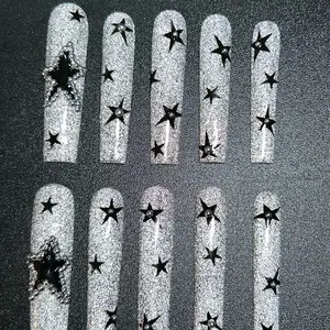 Reflective Glitter 3XL Square Black Star press on nail set