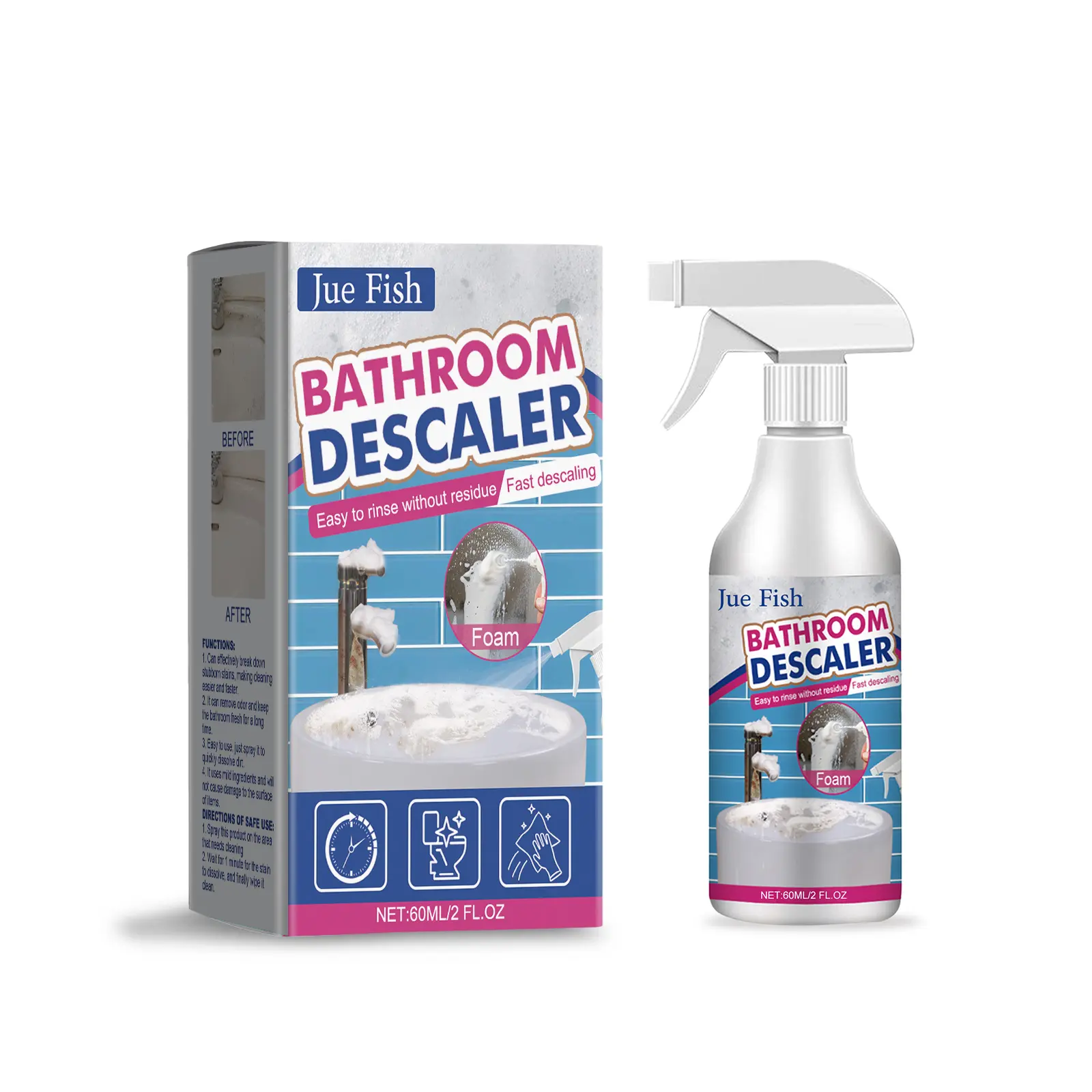 60ml Anti-Rust Bathroom Cleaning Spray - Stainless Multi-Surface Household Items Cleaner with Corrosion Inhibitors, Removes Limescale, Soap Scum, Dirt, Safe for Fixtures, 3 Years Active Spray Glass Cleaner for Showers, Sinks