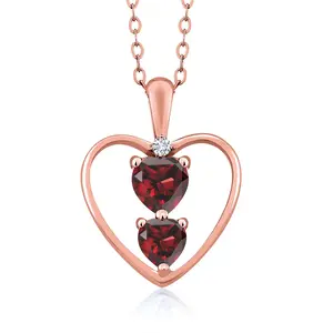 Gem Stone King 18K Rose Gold Plated Silver Red Garnet and White Lab Grown Diamond Pendant Necklace For Women (0.94 Cttw, Gemstone January Birthstone, Heart 5MM and 4MM, with 18 Inch Silver Chain)