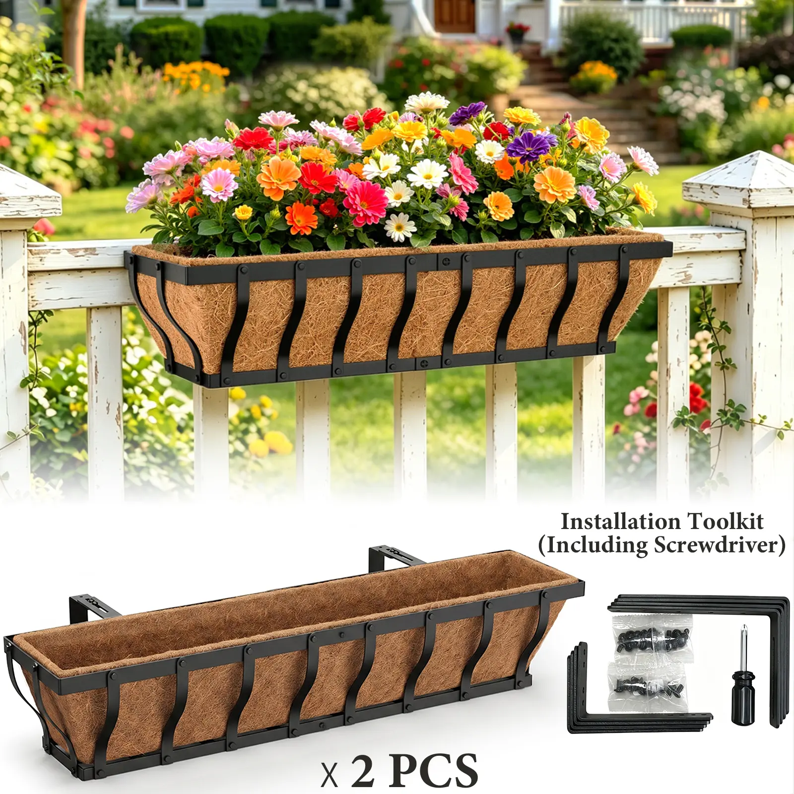 VOXOR Adjustable Metal Railing Rod Hanging Baskets, 24" W x 6.89" D x 6.1" H Black Outdoor Planters with 2-3 Coco Liners, 30inch 2 Pack Set Pack, Gardening Hooks Included