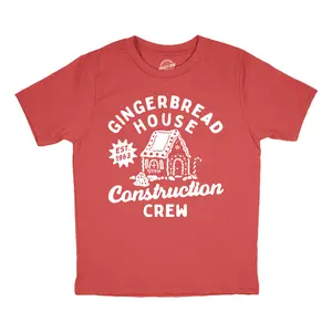 Youth Gingerbread House Construction Crew T Shirt Funny Xmas Treat Joke Tee for Kids Funny T Shirts Christmas Tops for Kid Funny Sarcastic Short Sleeve Novelty Tees for Kids Red -