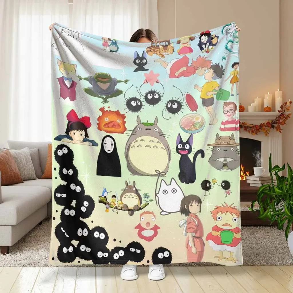 Studio Ghibli Anime Flannel Blanket Totoro No Face Kiki Ponyo Collage Print Ultra Soft Plush Lightweight Fleece Throw Bedding Cozy Living Room Couch Decor Cute Cartoon Housewarming Birthday Gift for Fans