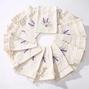 Lavender Floral Drawstring Bags, & Flower Pouches, Canvas Fabric Gift Bags for Jewelry, Crafts, Party Favors, Wedding Gifts