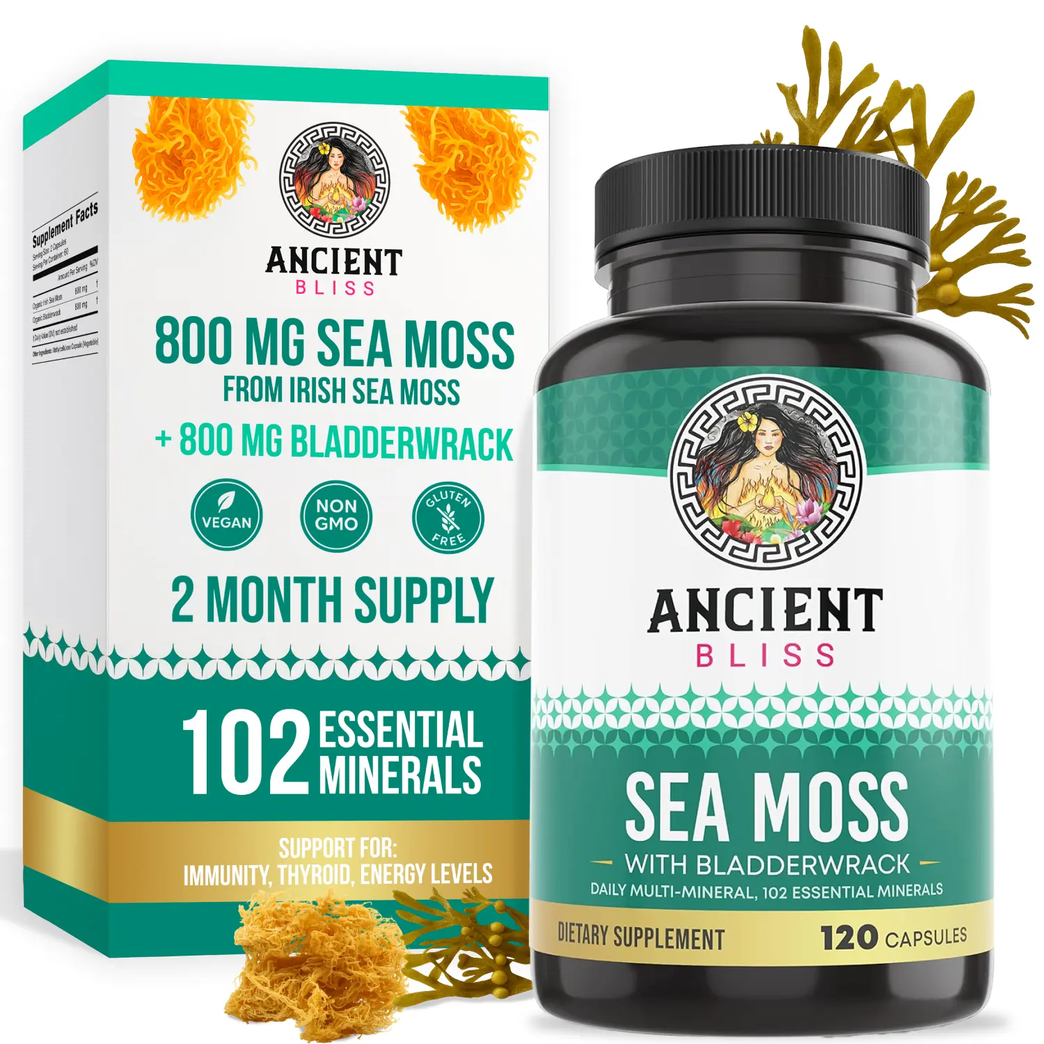 Ancient Bliss Organic Irish Sea Moss Pills - Dr Sebi Wildcrafted Edible GMO-Free Supplements, 120 Count, No Artificial Flavor, Thyroid, Skin & Gut Health Support - Health Nutrition