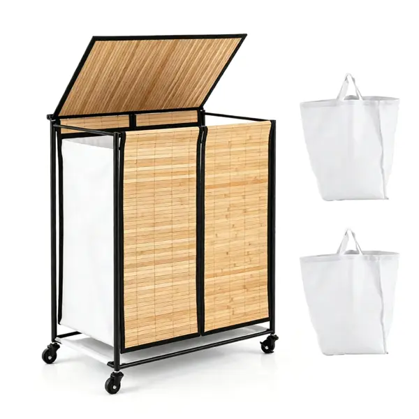 Compact Bamboo Steel Laundry Storage Organizer Hamper with Lid - 2 Sorting Compartments, Removable Oxford Liner Bags, 360° Lockable Wheels, Metal Frame, 22x13x26" Under Counter Clothes Sorter - Natural Black