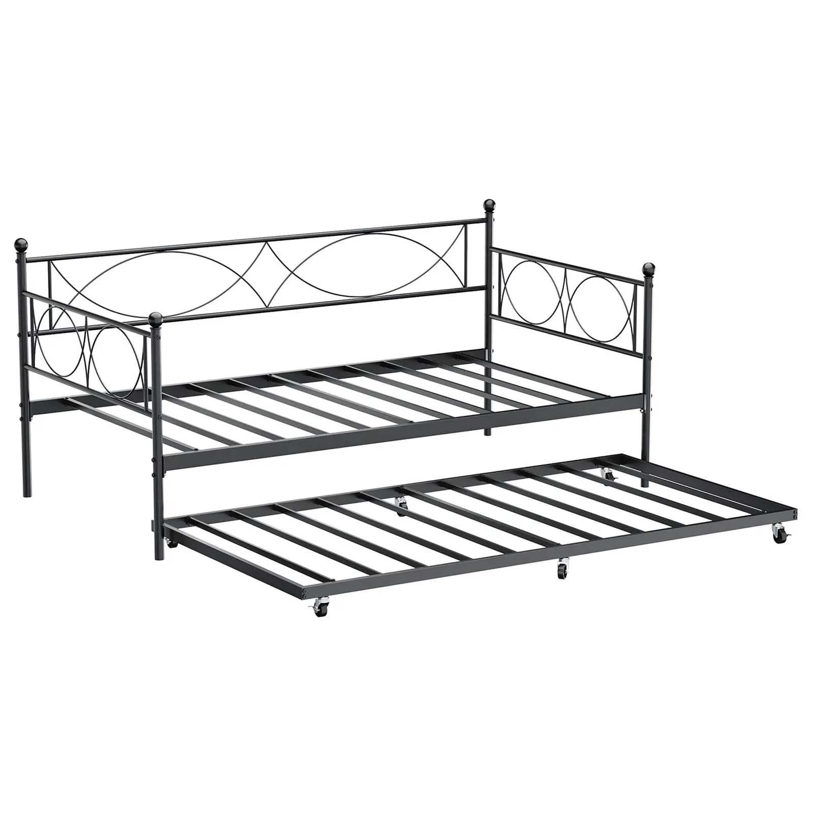 Gaomon Iron Twin Size Metal Daybed Frame with Pull Out Bed Trundle, Locking Casters With Lock, Heavy-Duty Slats, 500 lbs Max Mattress Foundation, 78.1x41.6x33.7 In, Floral Geo Design, Assembly Required, Platform Sofa Bed for Living Room, Bedroom